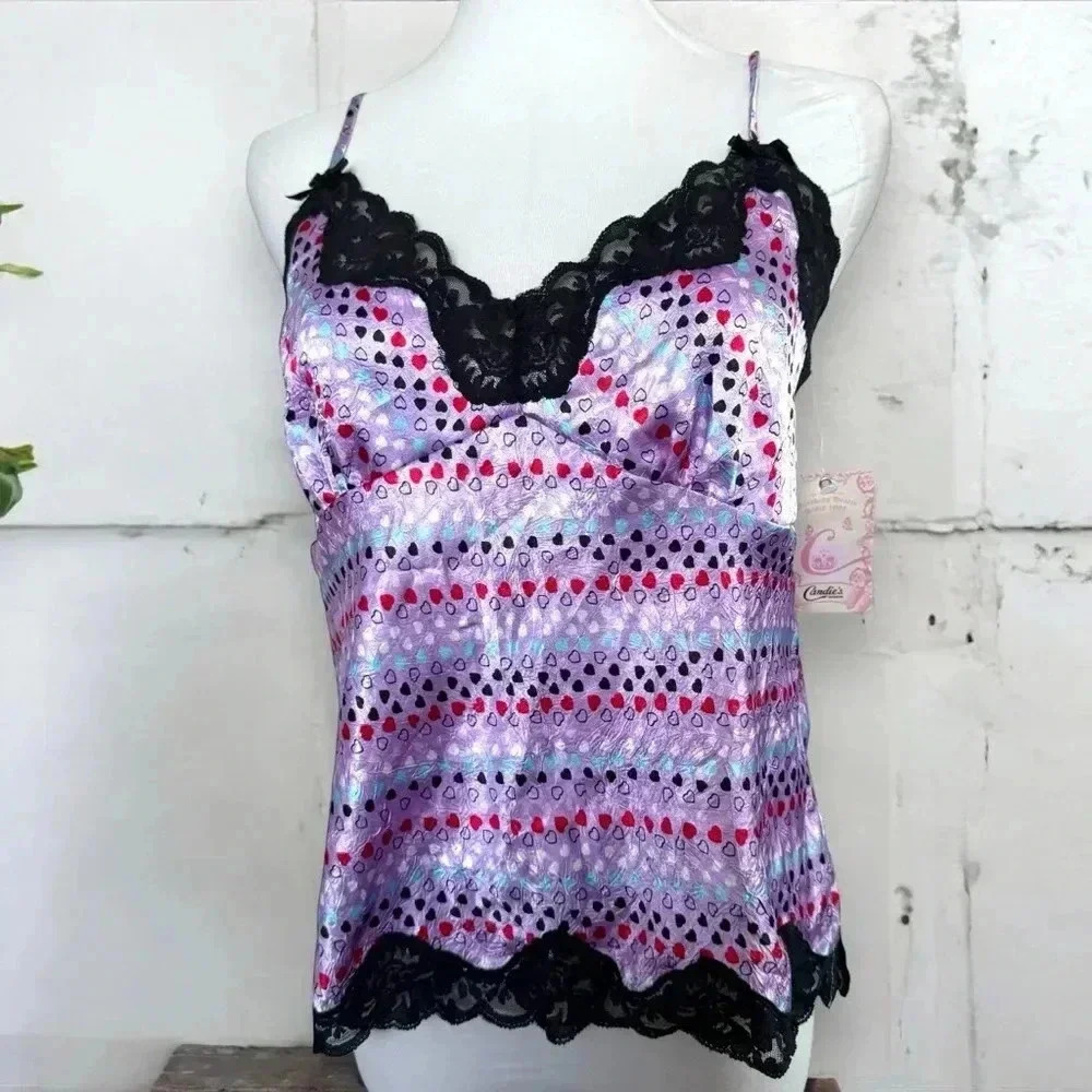 Y2K Purple and Black Lace Heart Cami Top Dead stock M